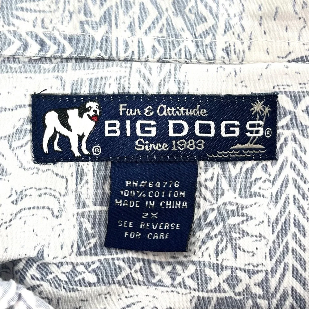 Big Dogs Men’s 2XL Blue White Hawaiian Aloha Shirt 100% Cotton Tropical